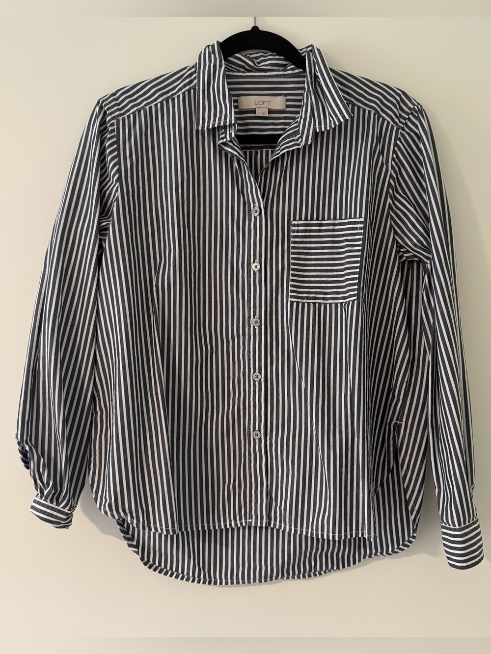 LOFT Navy White Striped Cotton Button Down Shirt Size Small